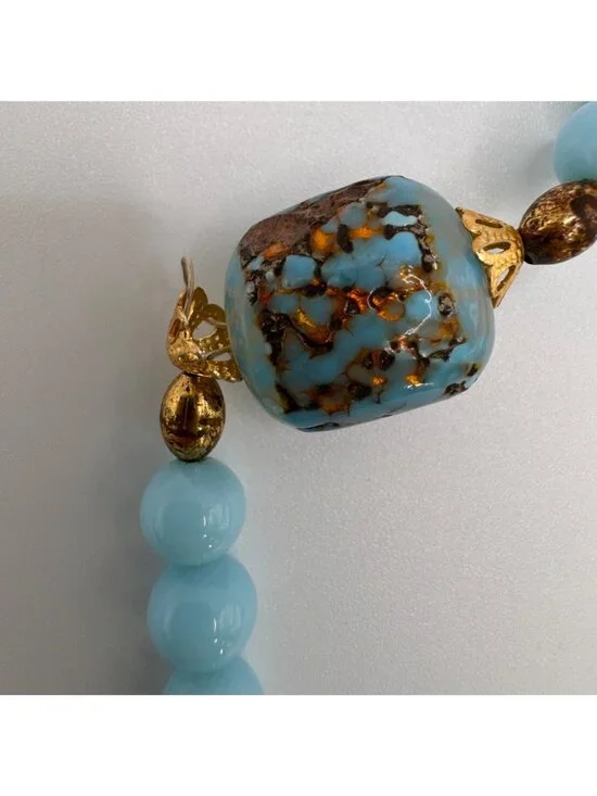 Blue Glass Lampwork Gold Foil Bead Necklace 24” Gold Tone Robins Egg Artisan - Picture 4 of 10